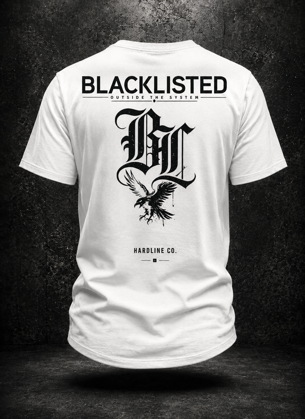 White BLACKLISTED OTS V2 curved-hem tee rear with oversized BL and eagle artwork