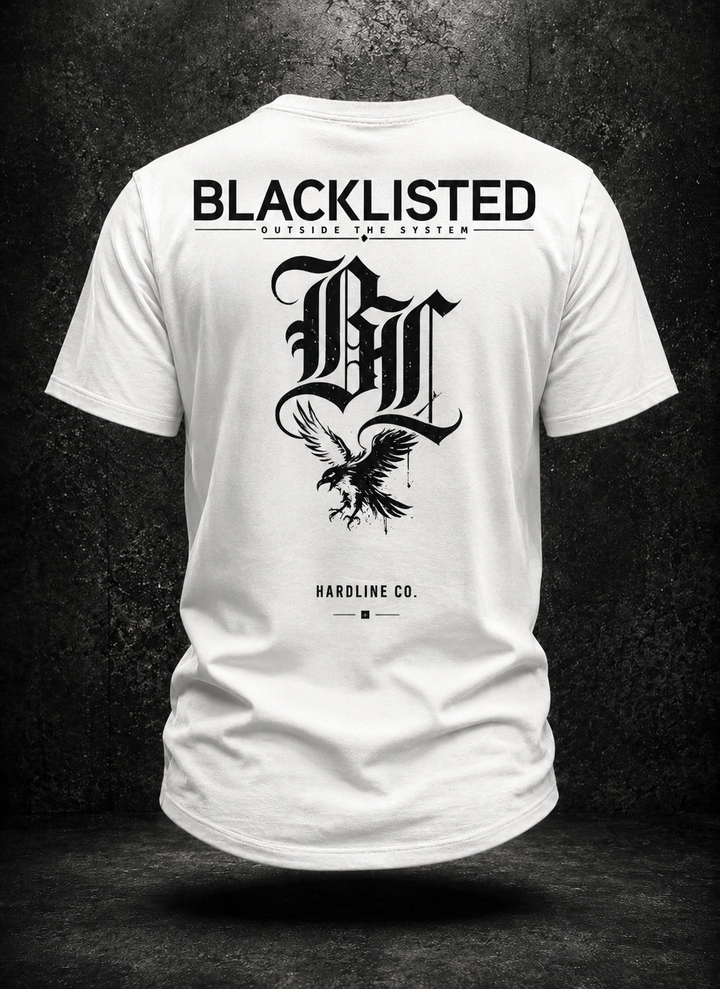 White BLACKLISTED OTS V2 curved-hem tee rear with oversized BL and eagle artwork