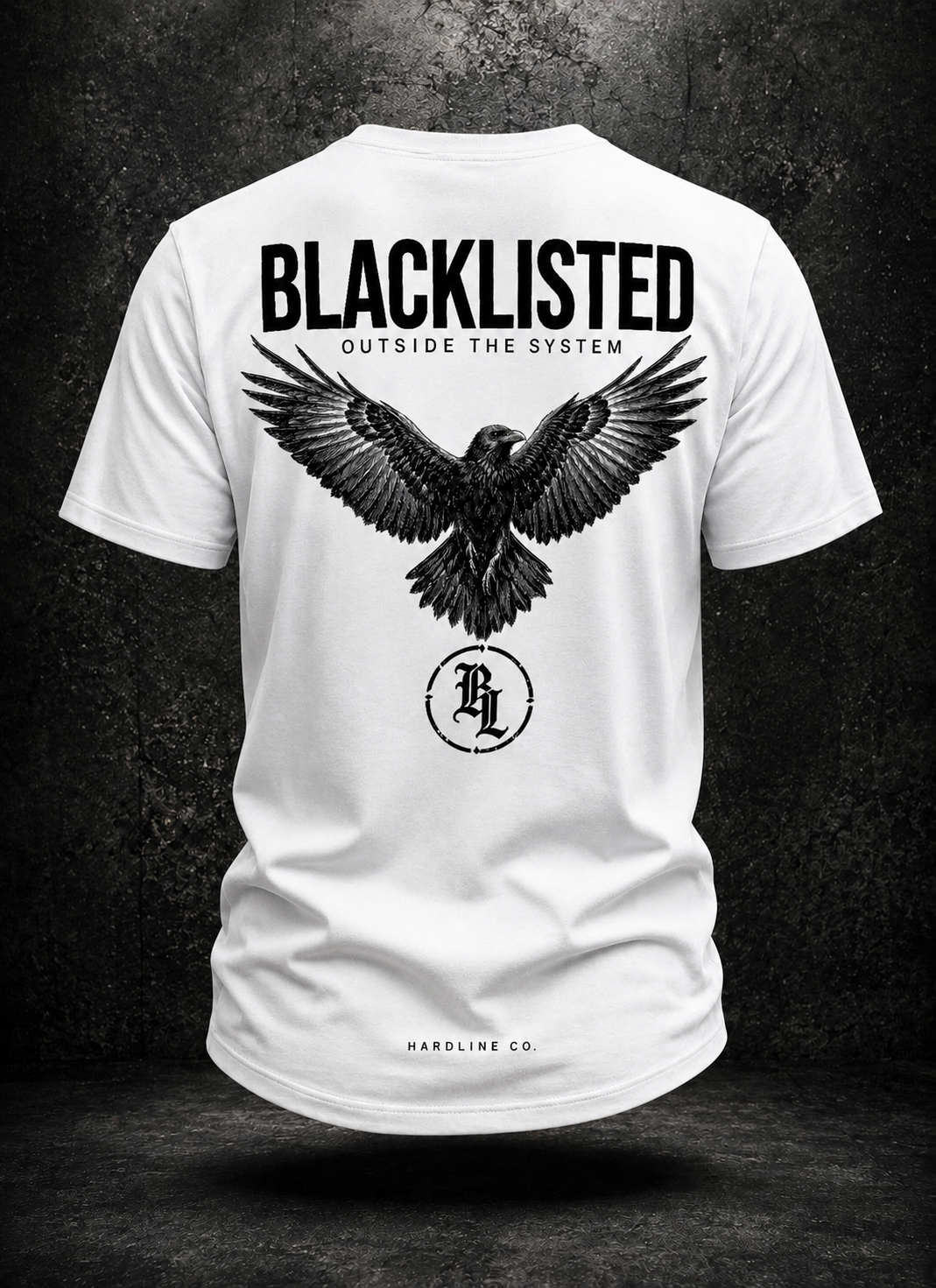 White Blacklisted OTS V3 curved hem tee showing the black spread-wing eagle and circular BL rear print