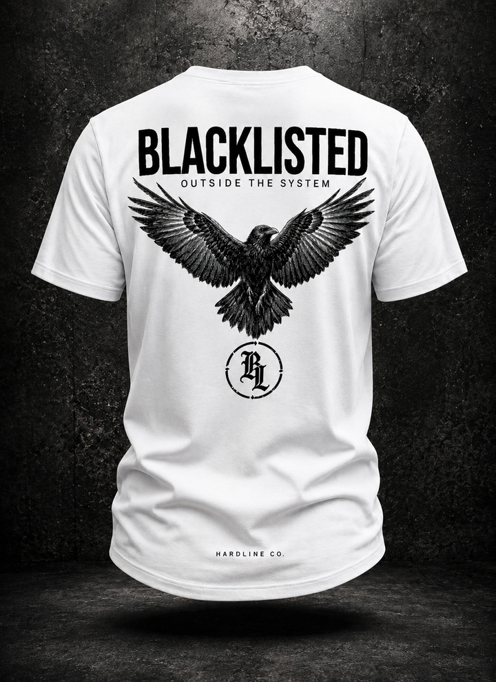 White Blacklisted OTS V3 curved hem tee showing the black spread-wing eagle and circular BL rear print