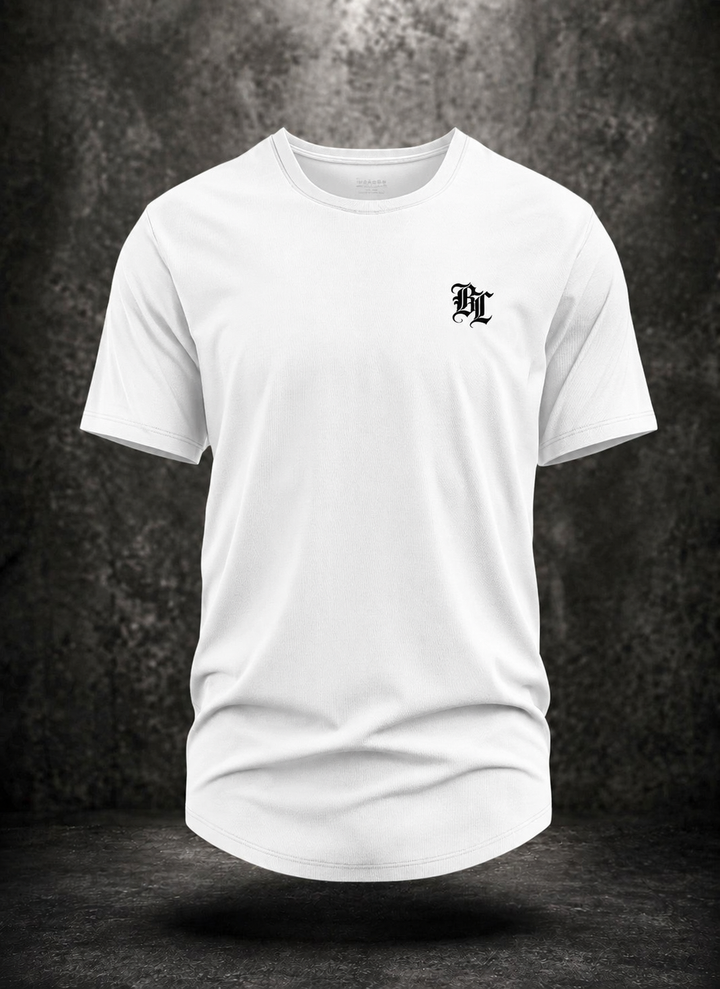 White BLACKLISTED OTS V1 curved-hem tee front with black BL monogram on the left chest