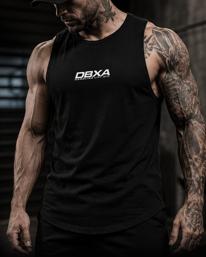 Man wearing a black tank top with DBXA logo against a dark background