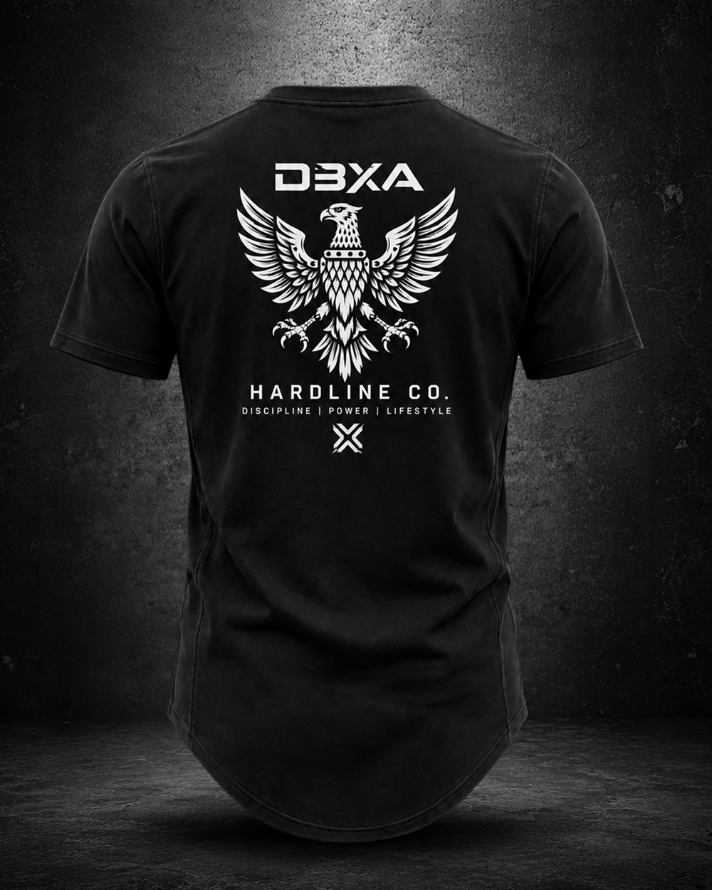 Black Hardline Co. Wingmark curved-hem tee rear view with spread-wing eagle and DBXA Hardline Co. artwork.