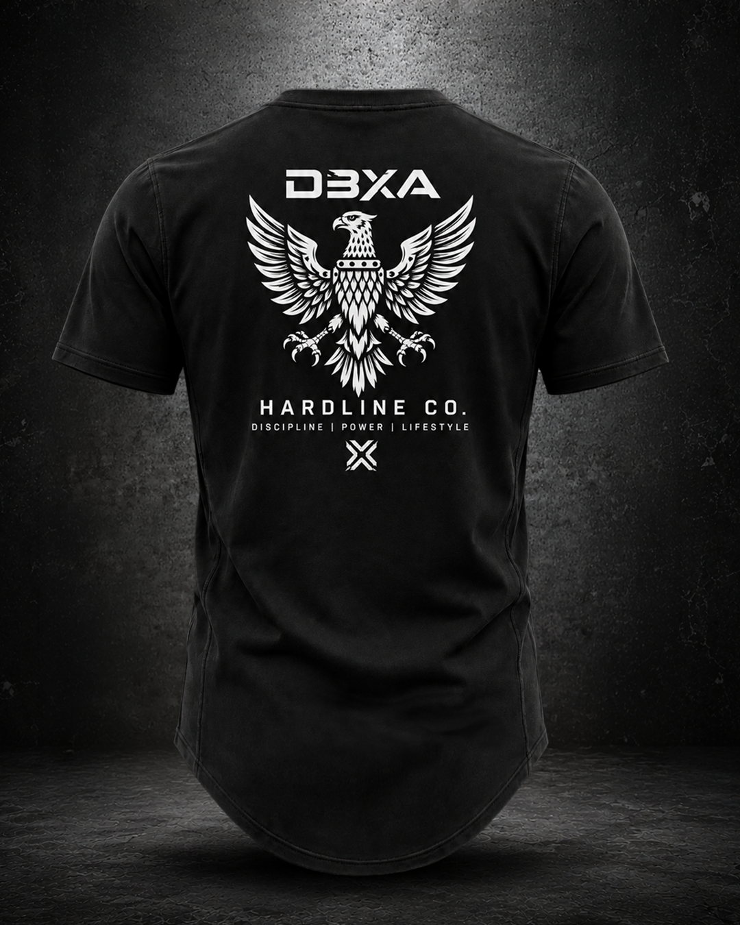 Black Hardline Co. Wingmark curved-hem tee rear view with spread-wing eagle and DBXA Hardline Co. artwork.