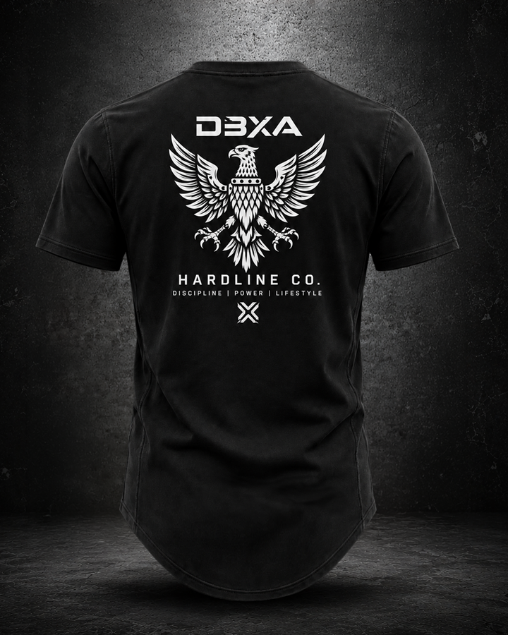 Black Hardline Co. Wingmark curved-hem tee rear view with spread-wing eagle and DBXA Hardline Co. artwork.