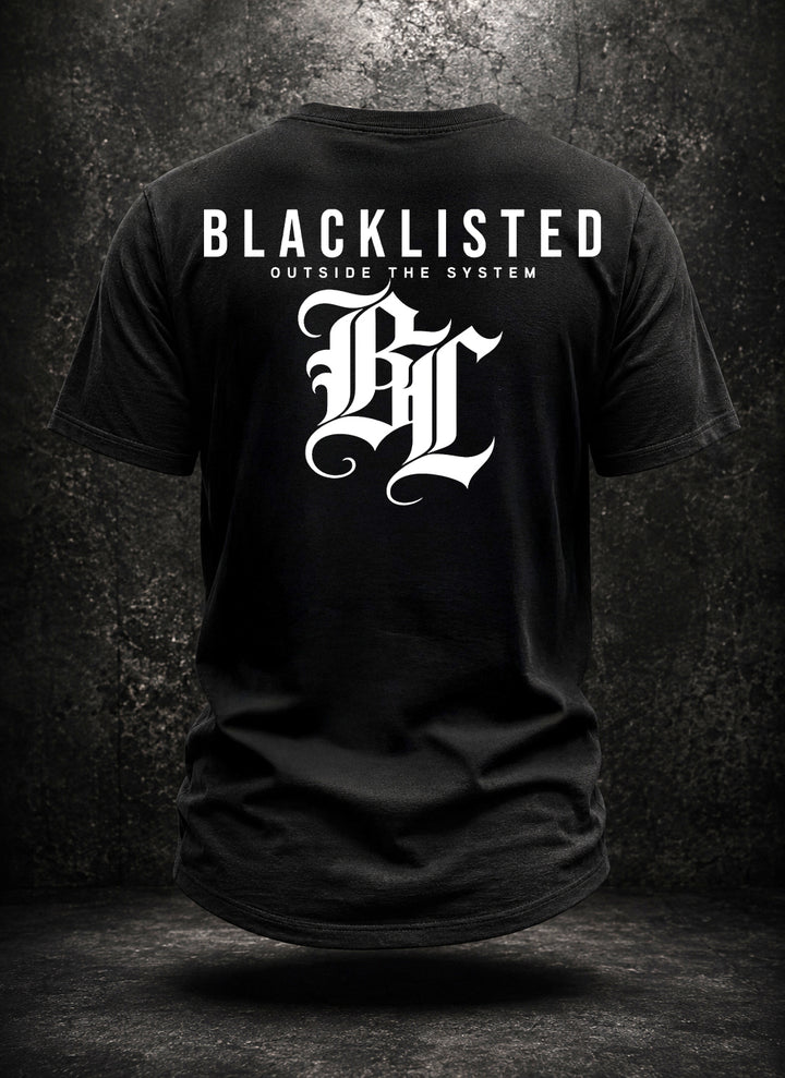 Black Blacklisted OTS V1 tee showing the rear Blacklisted monogram graphic