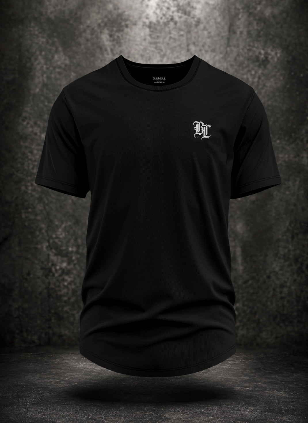 Black Blacklisted OTS V1 tee showing the small front monogram