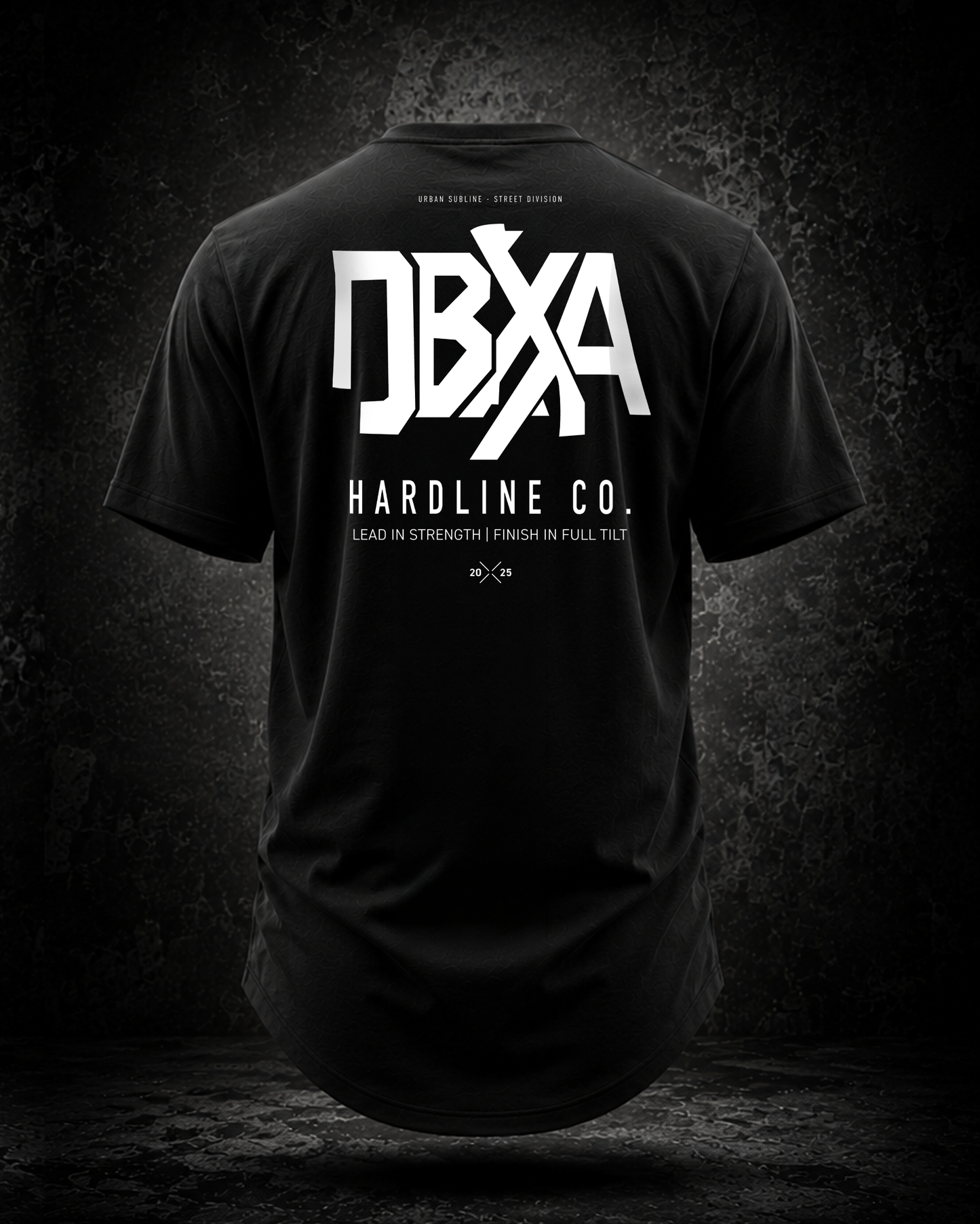 Black t-shirt with white logo and text on a dark textured background
