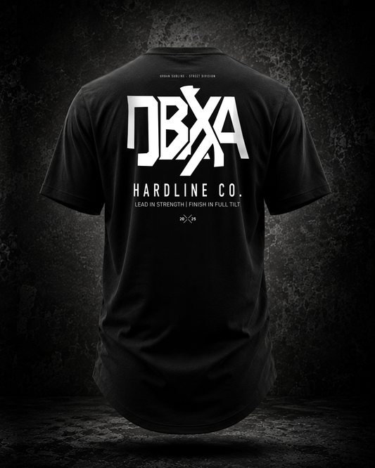 Black t-shirt with white logo and text on a dark textured background