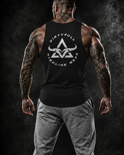 Man wearing a black tank top with 'Dirty Bull Hardline Wear' logo on a dark background