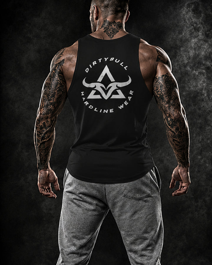 Man wearing a black tank top with &