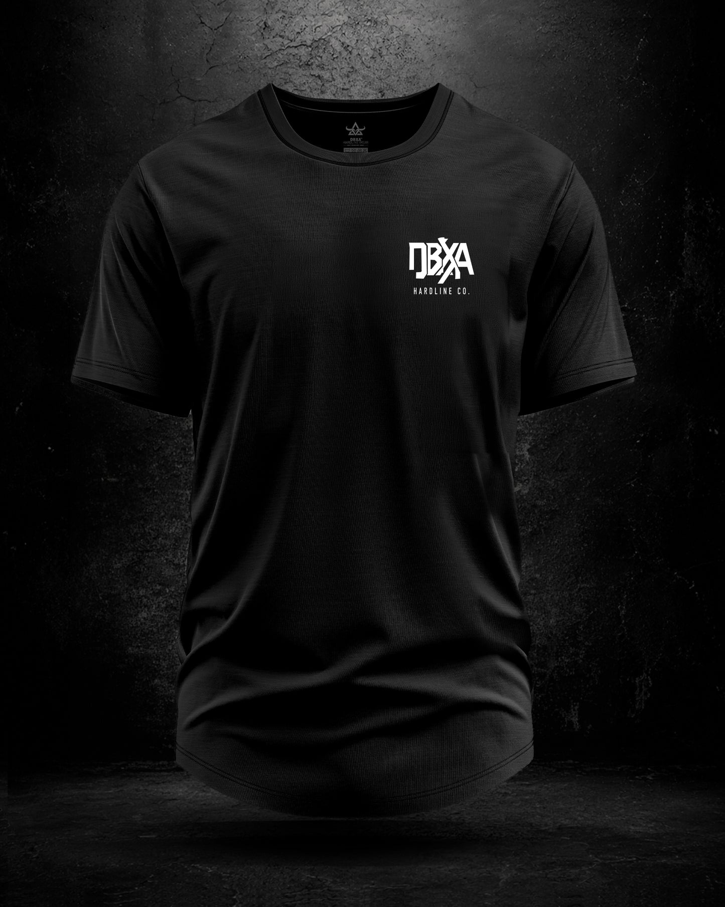 Black t-shirt with a logo on the chest against a dark background
