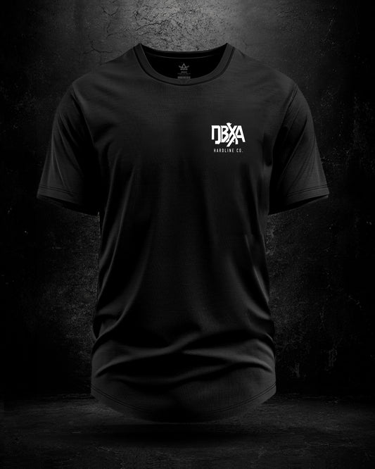 Black t-shirt with a logo on the chest against a dark background