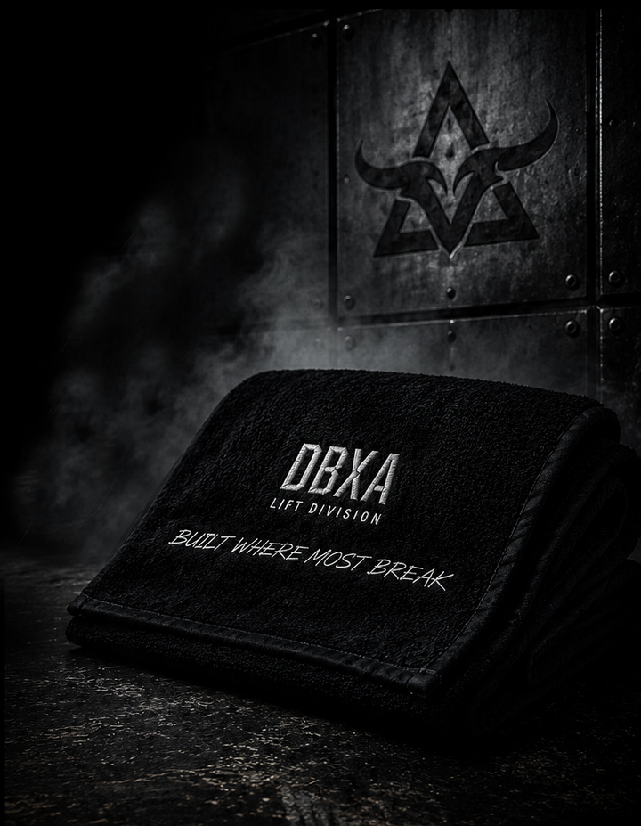 Folded black DBXA Lift Division gym towel with embroidered Built Where Most Break branding