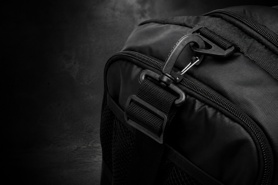 Close-up of the DBXA HellHaul bag shoulder strap clip, buckle and heavy-duty zipper