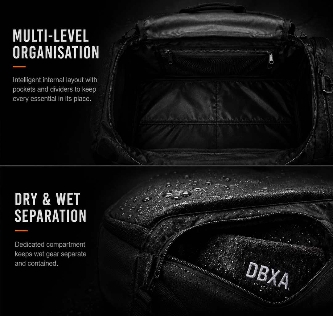 DBXA HellHaul bag showing internal organisation and separate wet gear compartment