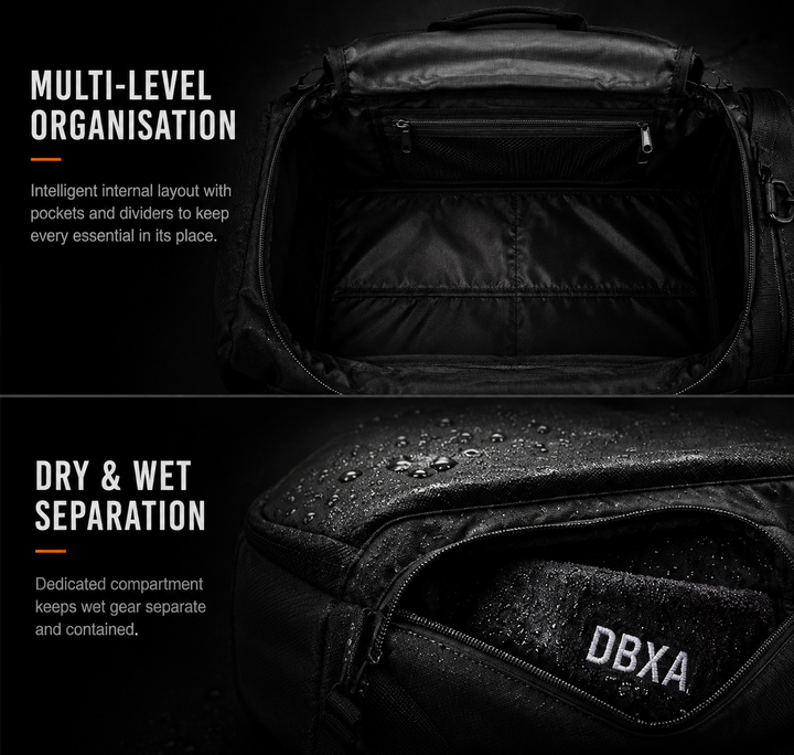 DBXA HellHaul bag showing internal organisation and separate wet gear compartment
