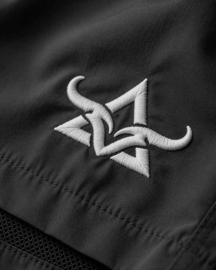 Close-up of embroidered DBXA branding on black Ironstrike Shorts.