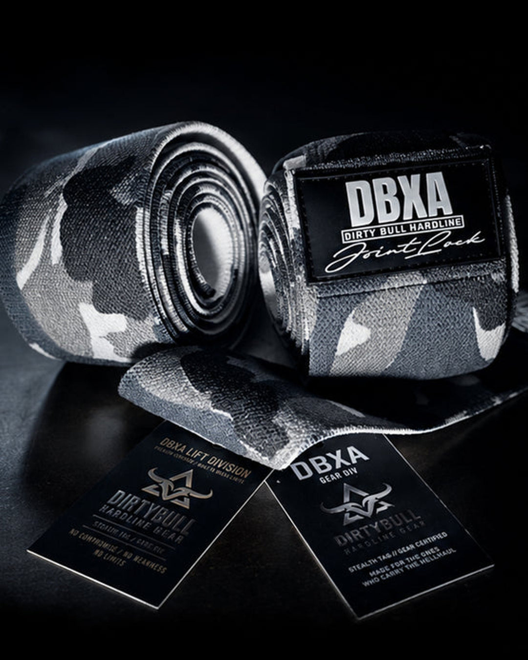DBXA JointLock Knee Wraps in urban grey camo with DBXA branding.