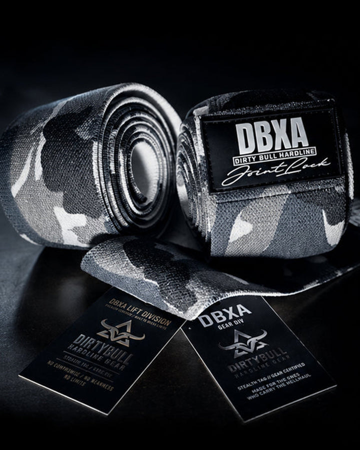 DBXA JointLock Knee Wraps in urban grey camo with DBXA branding.