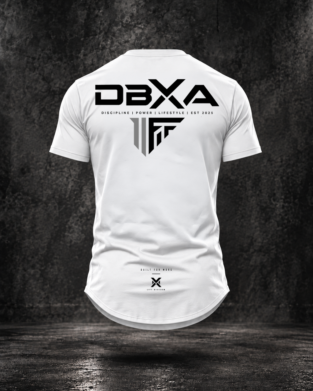 White DBXA Lift Division tapered longline curved-hem tee, rear view with large DBXA wordmark, Lift emblem and Built for More detail.