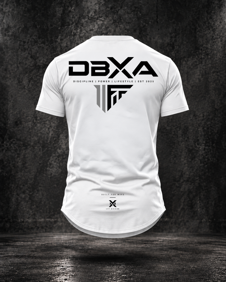White DBXA Lift Division tapered longline curved-hem tee, rear view with large DBXA wordmark, Lift emblem and Built for More detail.
