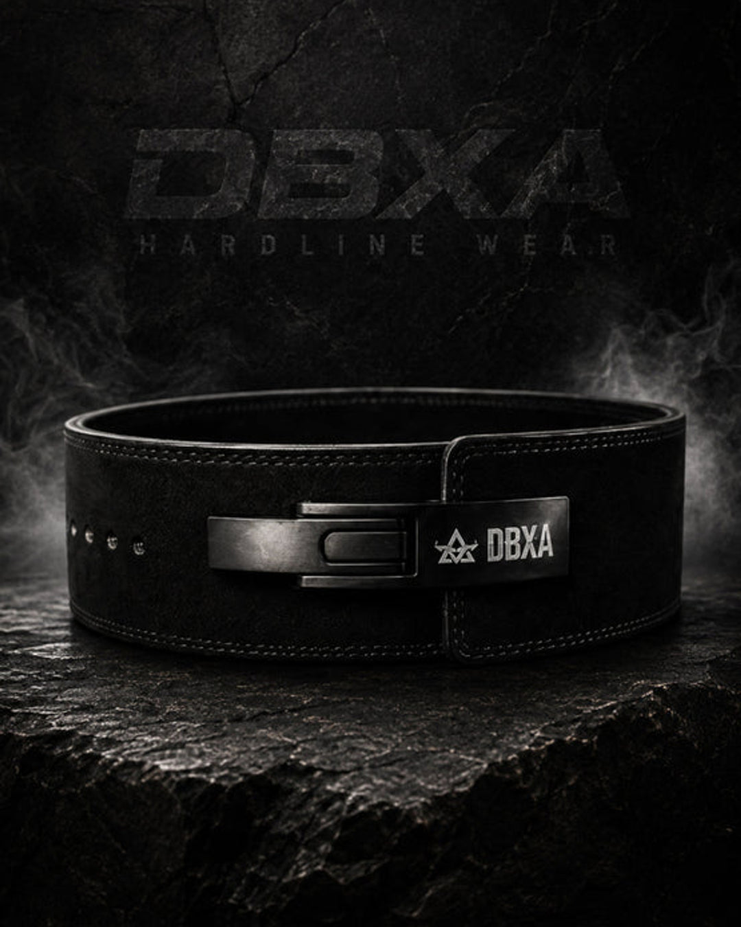 Black leather belt with DBXA logo on a dark background