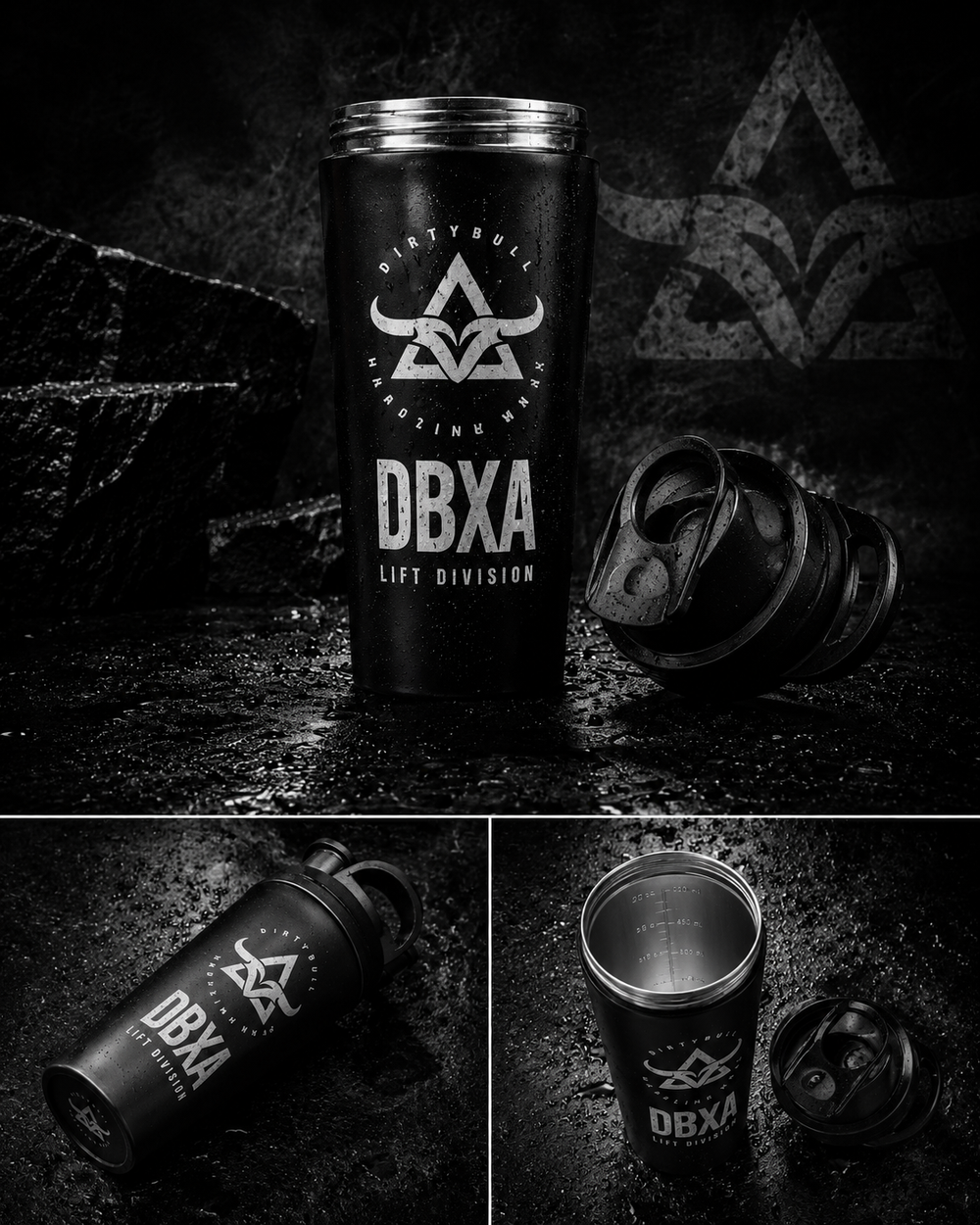 DBXA Steel Shaker shown upright, laid down and open with measurement markings