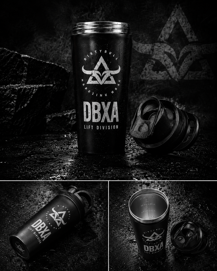 DBXA Steel Shaker shown upright, laid down and open with measurement markings