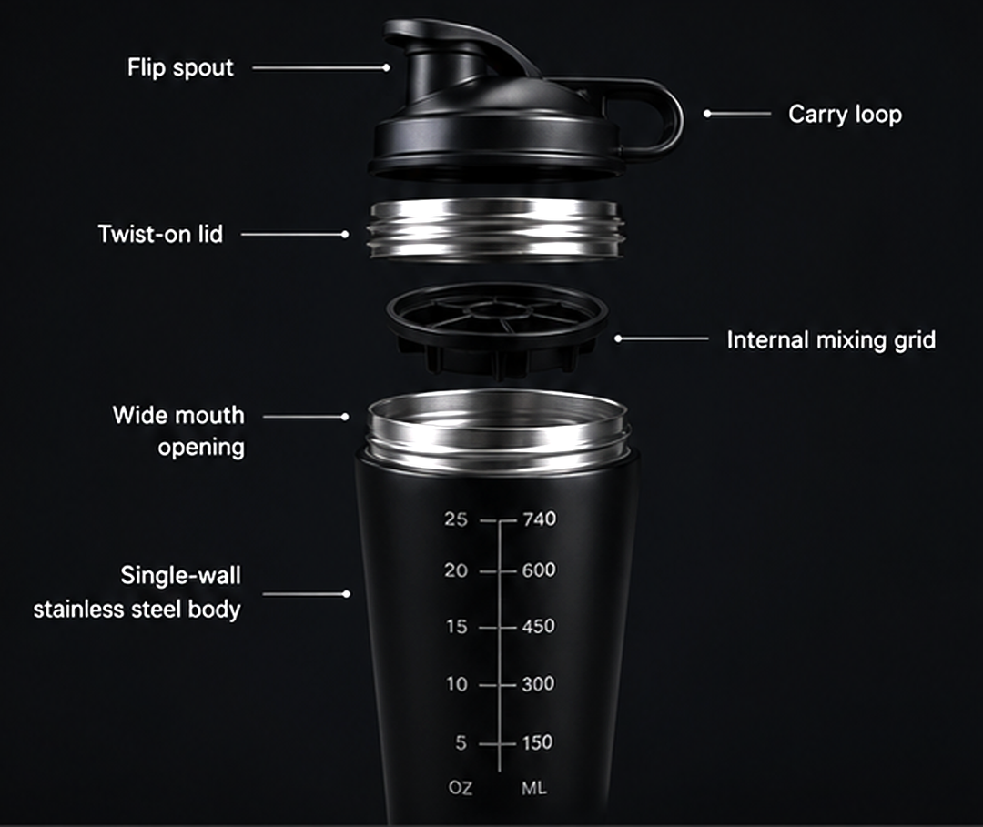 DBXA Steel Shaker exploded parts diagram showing flip spout, carry loop, twist-on lid, mixing grid, wide mouth and 740 ml steel body