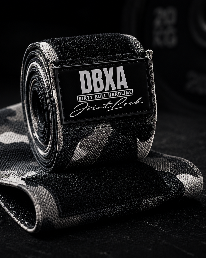 DBXA Jointlock knee wraps with branding and product details on a black background