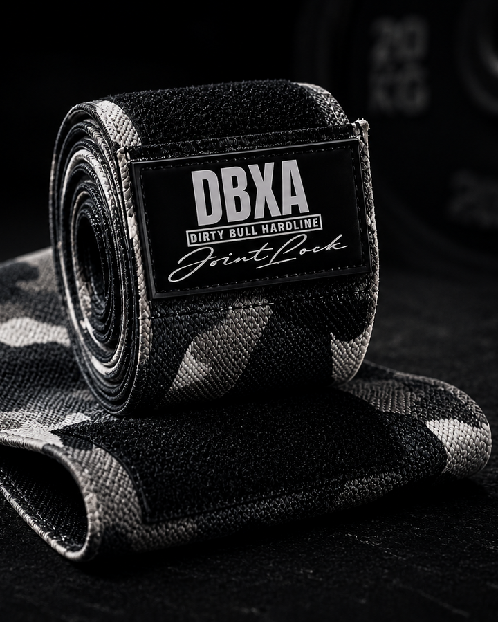 DBXA Jointlock knee wraps with branding and product details on a black background