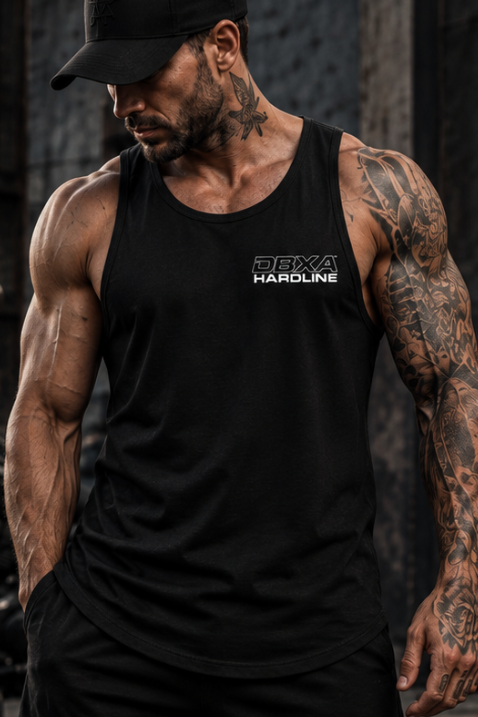 A muscular man wearing a black sleeveless tank top with white branding, shown from both front and back in a gym setting with a motorcycle and concrete wall visible.