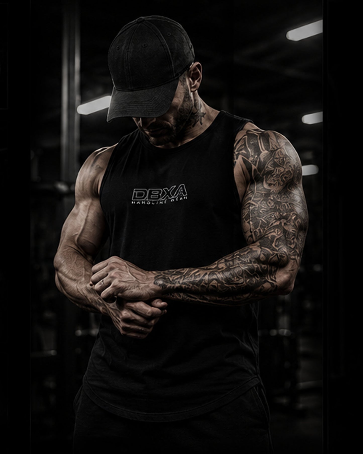 Muscular man wearing a black tank top with 'DEXA' branding in a gym setting.