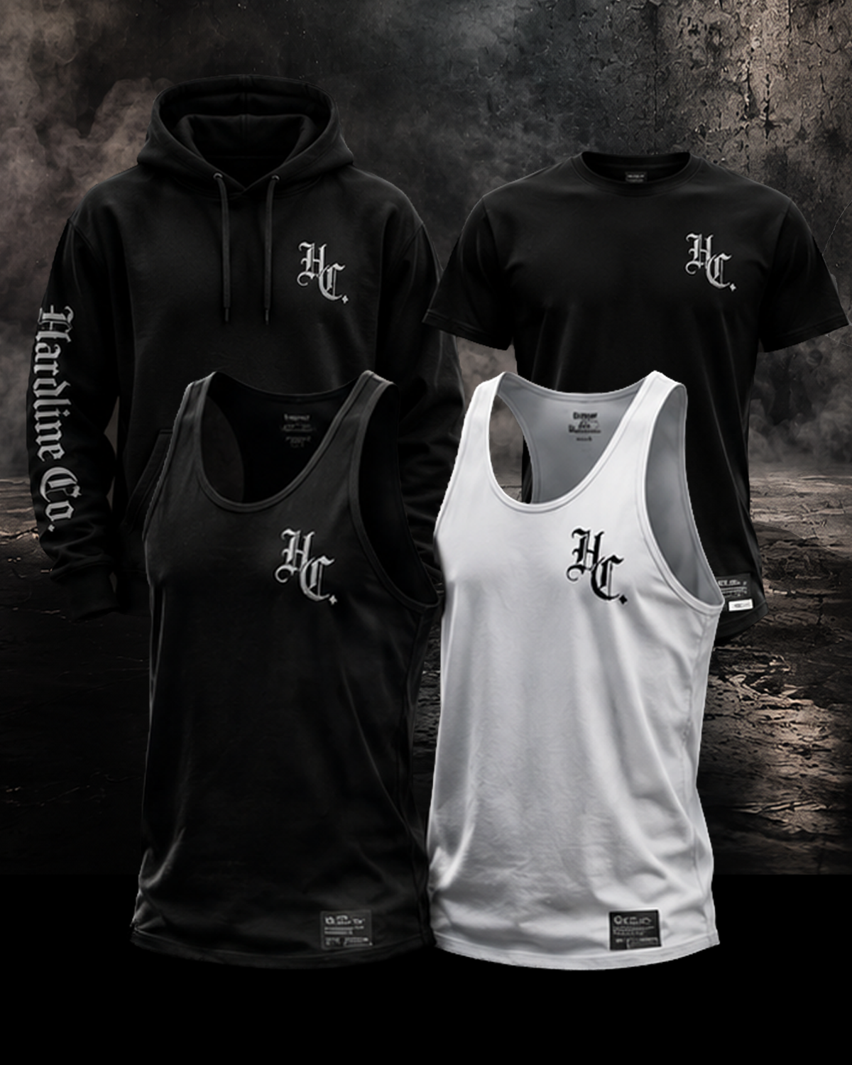 Three apparel items from Hardline Co. displayed together: a black hoodie, a black short-sleeve T-shirt, and two tank tops (one black and one white), each featuring a white Gothic 'HC' logo on the chest.