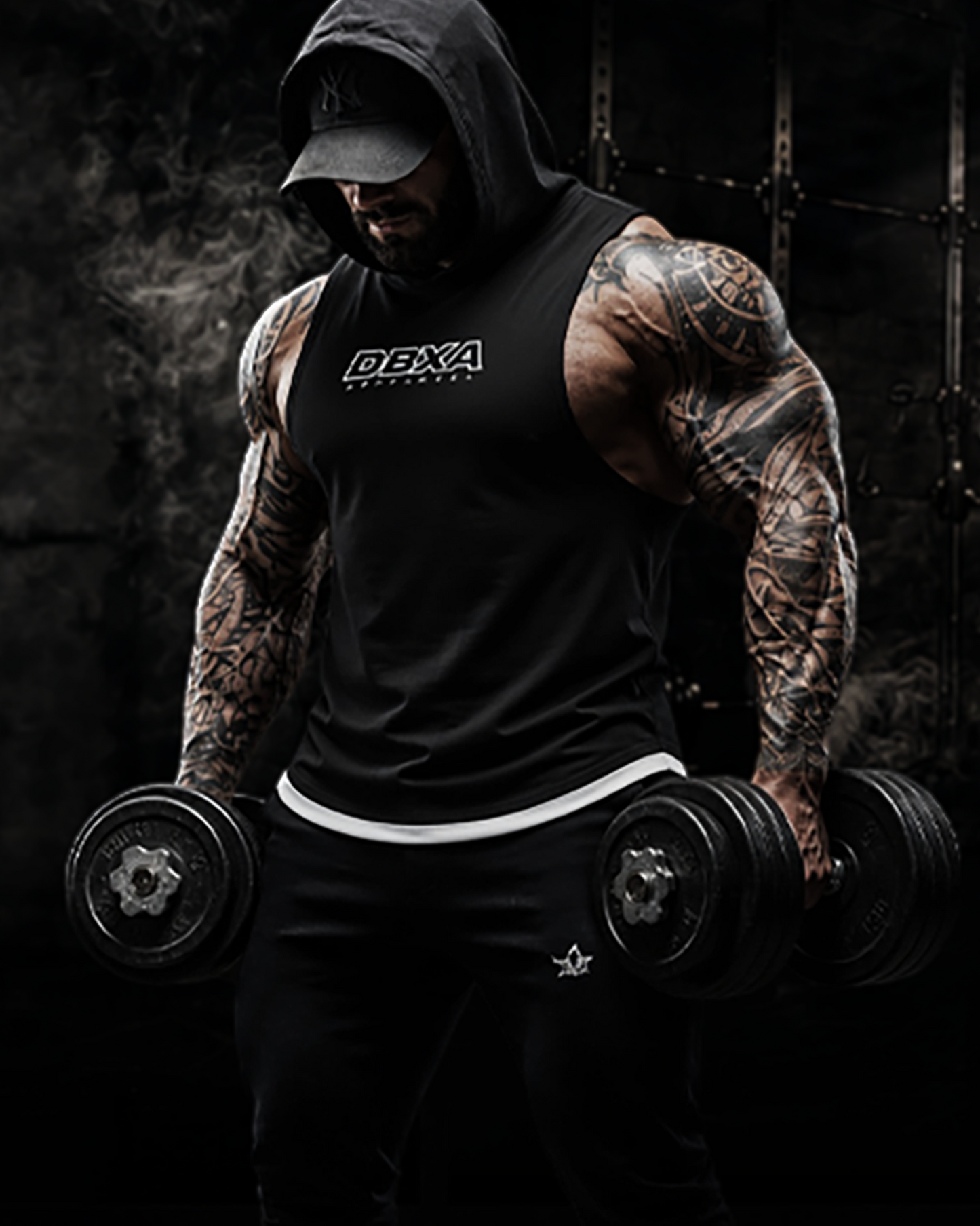 Man lifting weights wearing a black tank top with 'DEBA' branding.