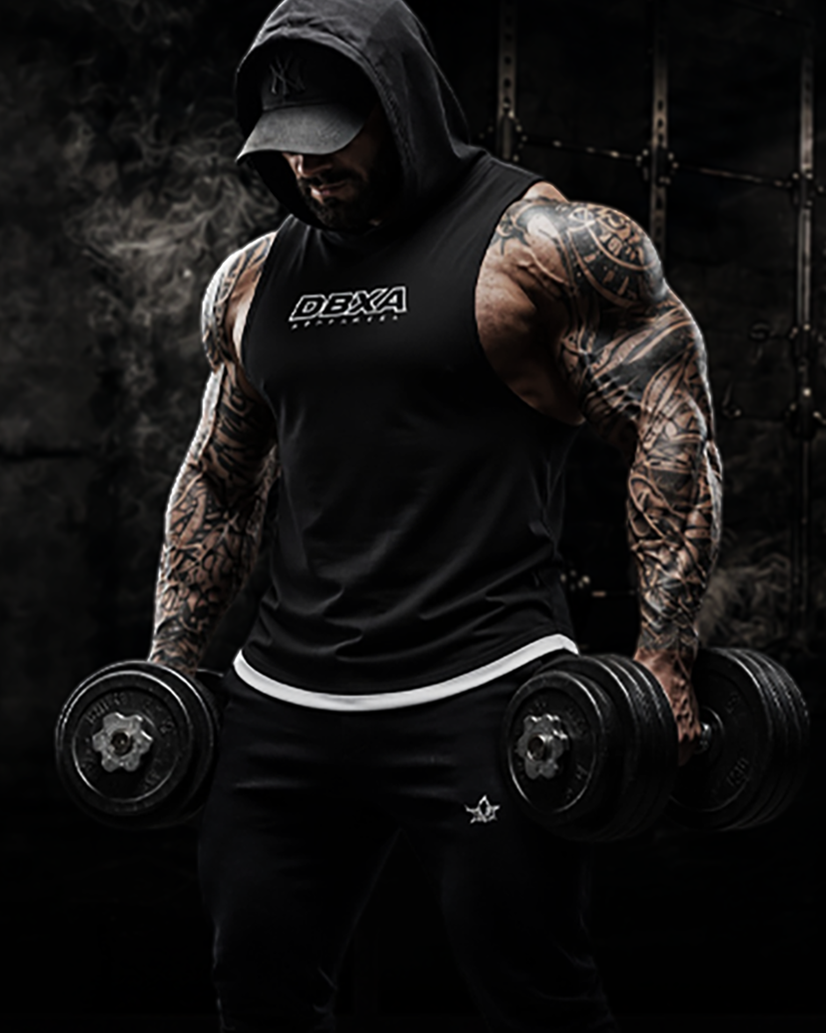 Man lifting weights wearing a black tank top with 'DEBA' branding.
