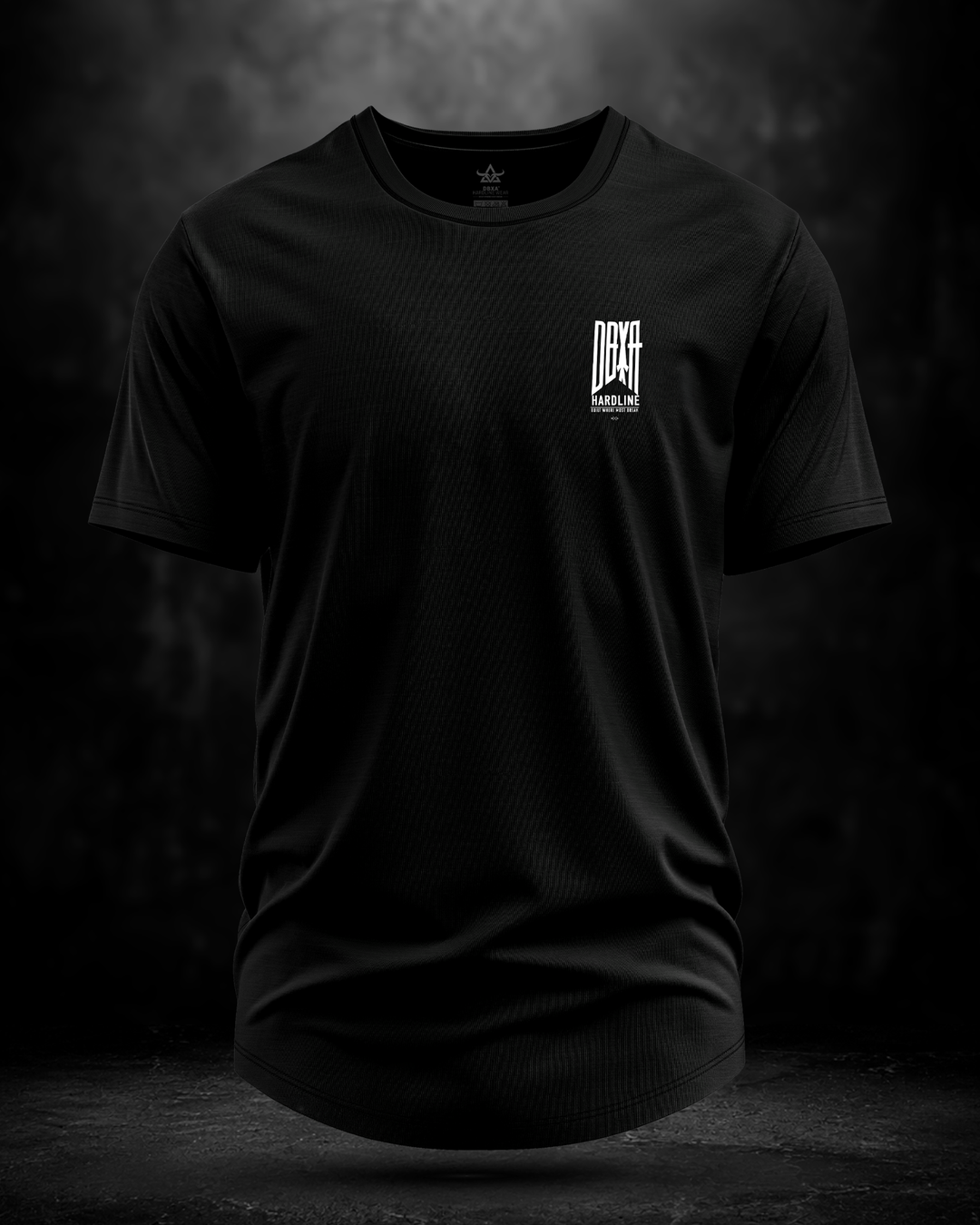 Black t-shirt with a logo on a dark background