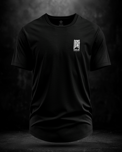 Black t-shirt with a logo on a dark background