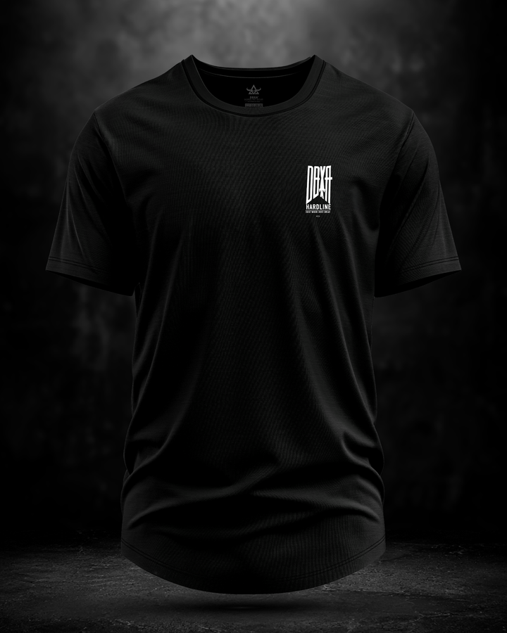 Black t-shirt with a logo on a dark background