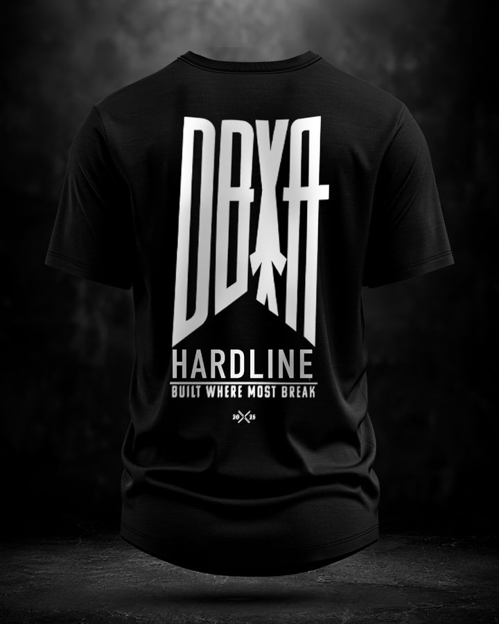 Black t-shirt with white text on a dark background