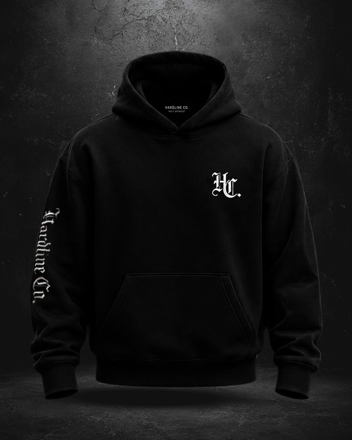 A black pullover hoodie with a white Gothic-style &