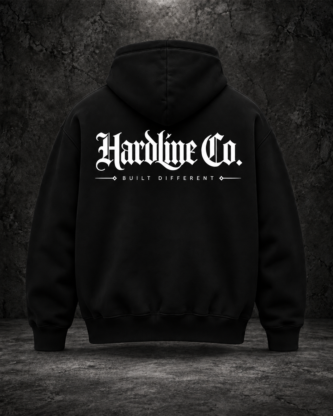 Black Hardline Co. Hoodie rear white DTF print