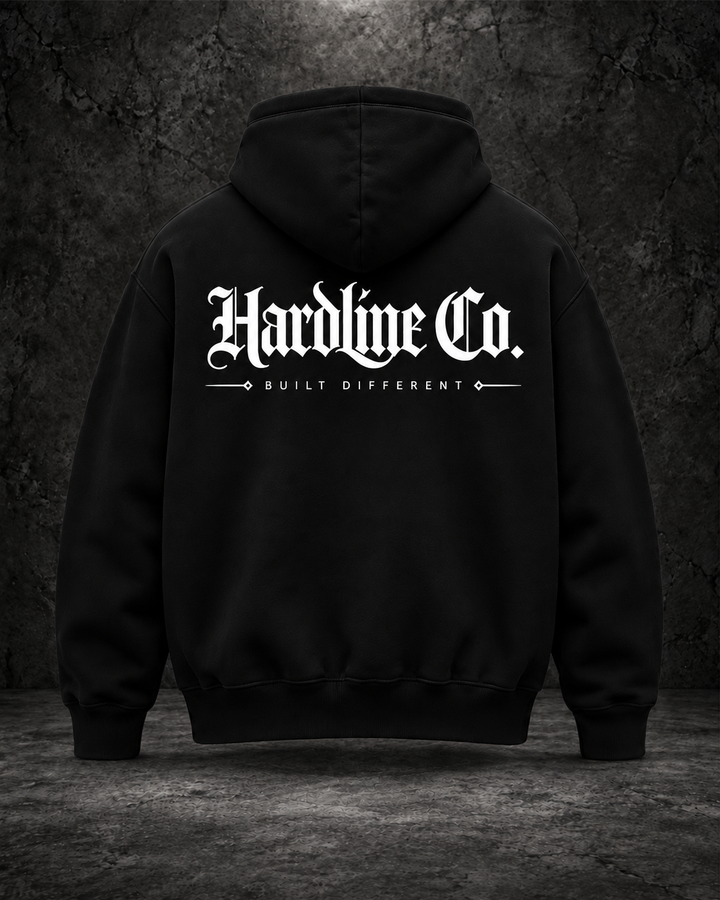 Black Hardline Co. Hoodie rear white DTF print