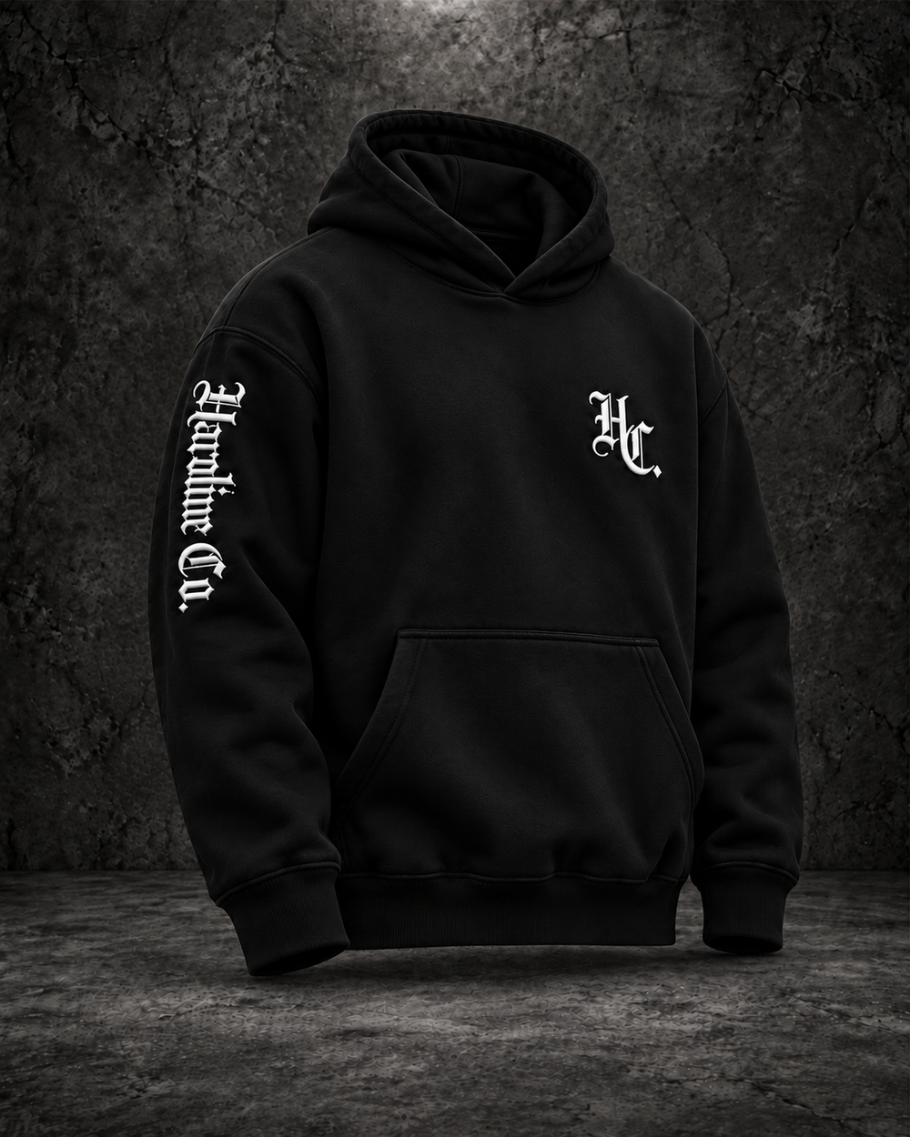 Black Hardline Co. Hoodie chest and upper arm embroidery