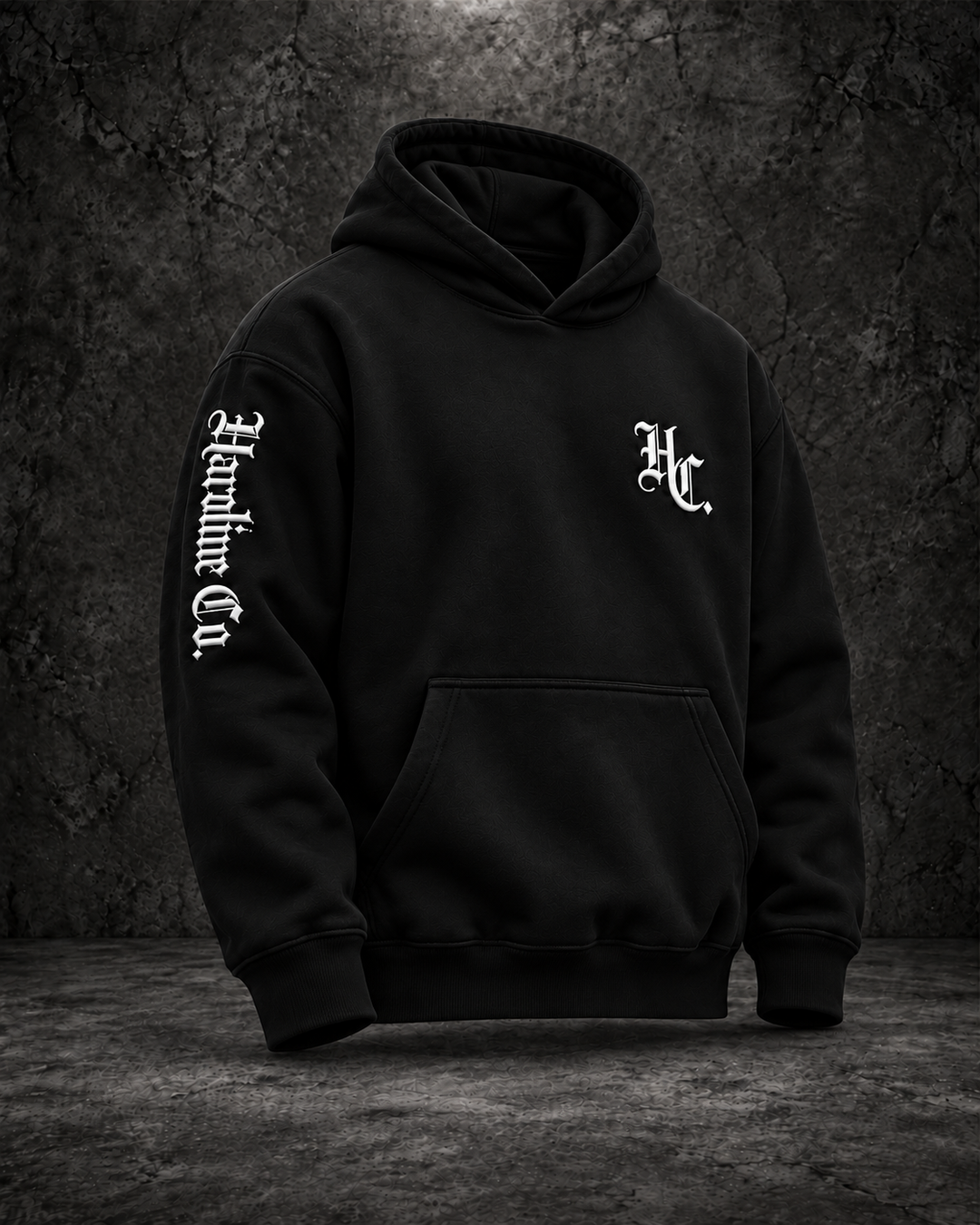 Black Hardline Co. Hoodie chest and upper arm embroidery