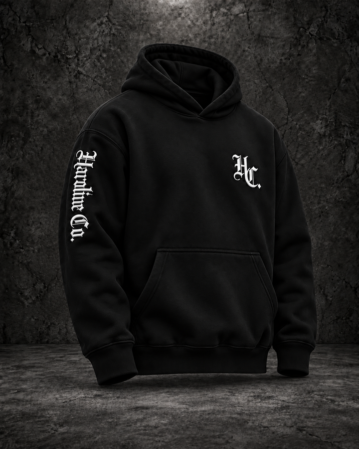 Black Hardline Co. Hoodie chest and upper arm embroidery