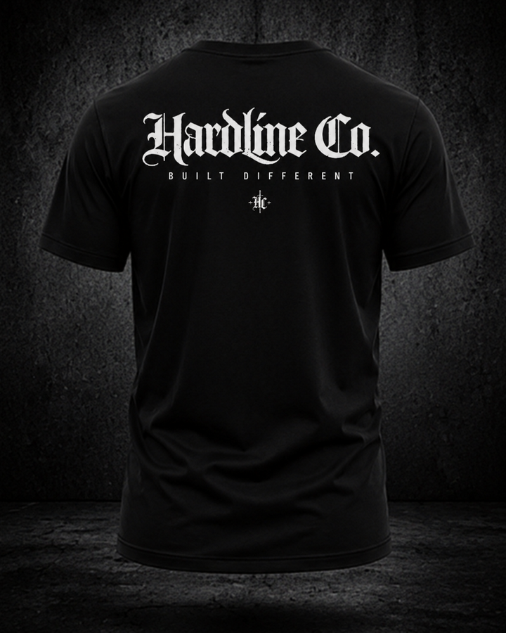 Black Hardline Co. Tee rear view — Hardline Co. and Built Different artwork