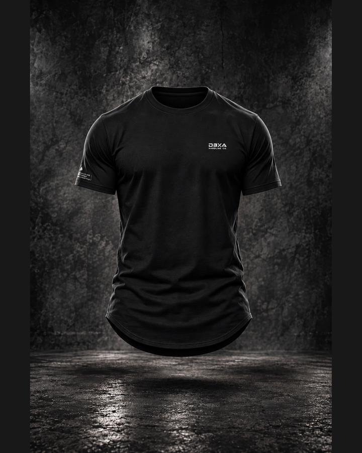 Hardline Co. Wingmark curved-hem tee in black, floating front view