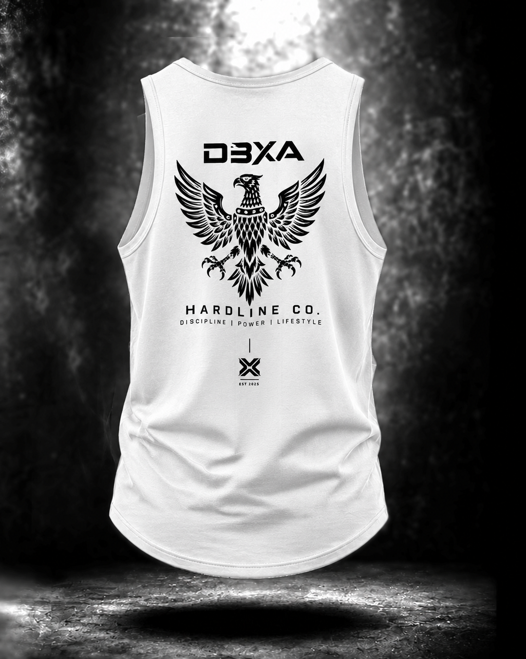White Hardline Co. Wingmark Tank back view with black DBXA eagle, Hardline Co. lettering and EST. 2025 back artwork